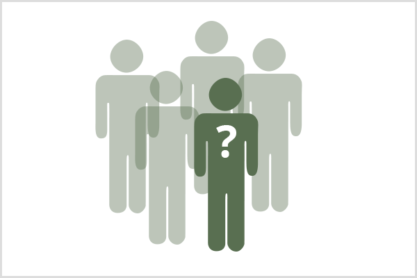 Um grupo no Facebook precisa atrair um público de nicho. Em um grupo de símbolos de cinco pessoas, quatro são verdes claros e translúcidos e um é verde escuro com um ponto de interrogação branco no peito.