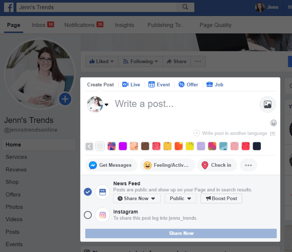 Como fazer uma postagem cruzada no Instagram do Facebook no desktop, etapa 2, opção de fazer uma postagem cruzada no Instagram a partir de sua postagem no Facebook
