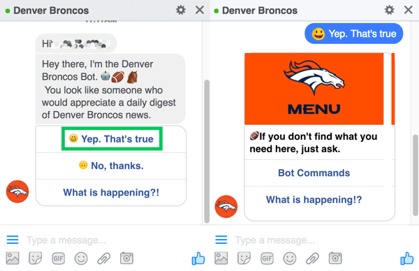 O chatbot do Denver Broncos solicita que os usuários se inscrevam para receber seu resumo diário.