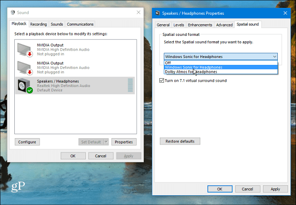 Configuração de som espacial do Windows 10