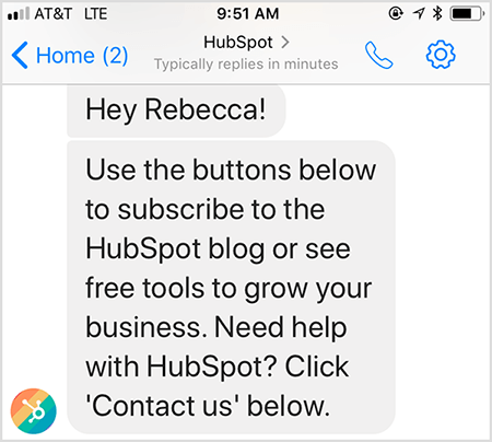 A mensagem de boas-vindas do chatbot da HubSpot permite que você entre em contato com uma pessoa.