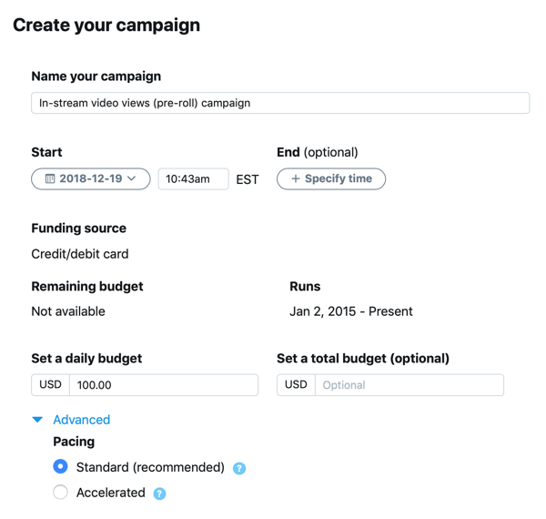Exemplo de configurações de campanha para seu anúncio no Twitter de visualizações de vídeo in-stream (precedentes).