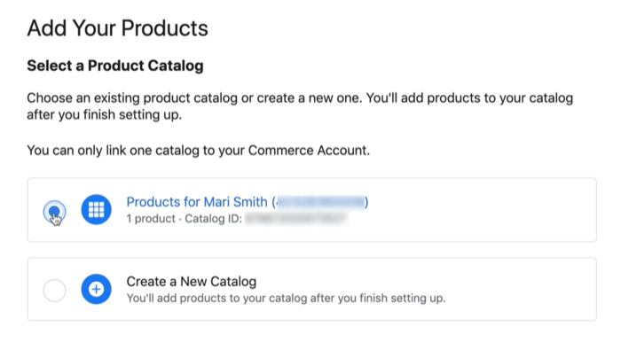 opção de catálogo de produtos do Facebook para conectar um catálogo existente ou novo