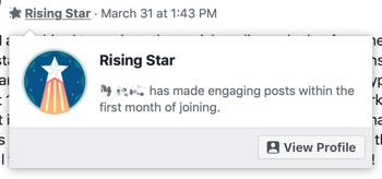 Como usar os recursos dos Grupos do Facebook, exemplo de emblema do grupo Estrela em ascensão