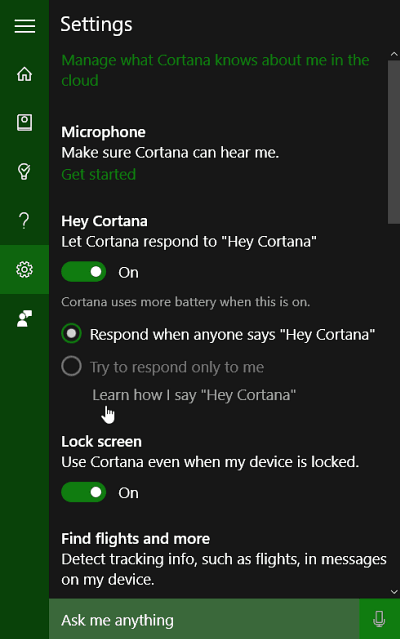 Configurações da Cortana