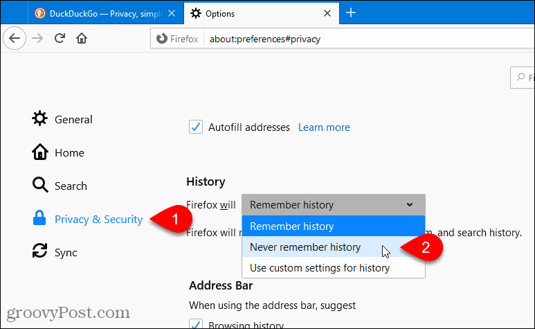 Selecione Nunca lembrar da história no Firefox