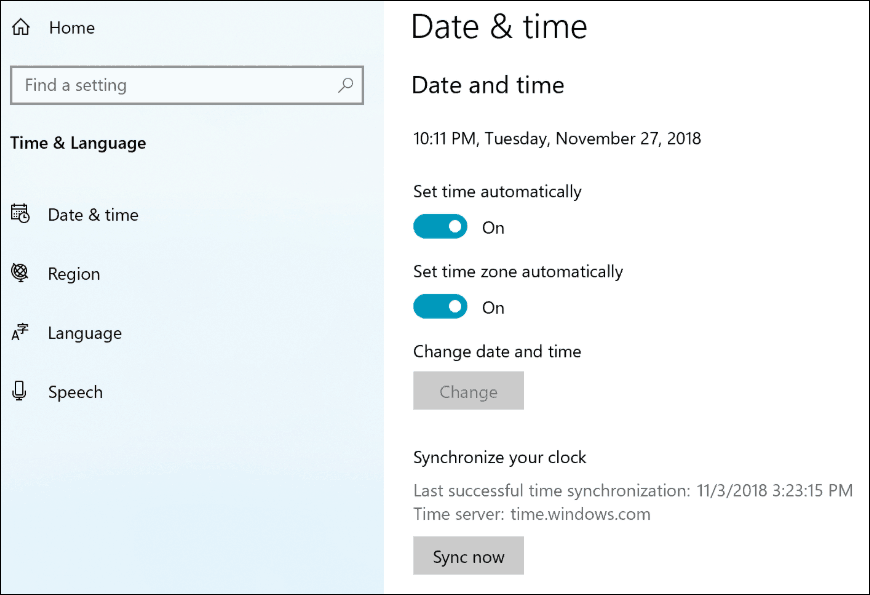 Configurações do relógio de sincronização do Windows 10 19H1