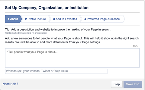 página da organização ou instituição da empresa no Facebook configurada