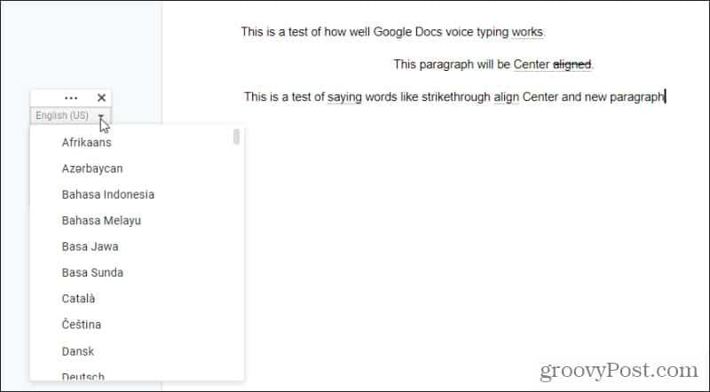 idiomas de digitação por voz do google docs
