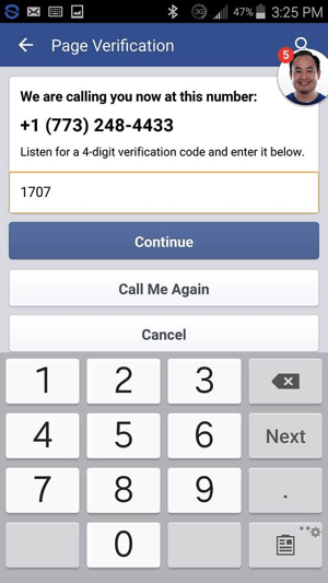 Digite o código de verificação que você recebeu do Facebook e toque em Continuar.