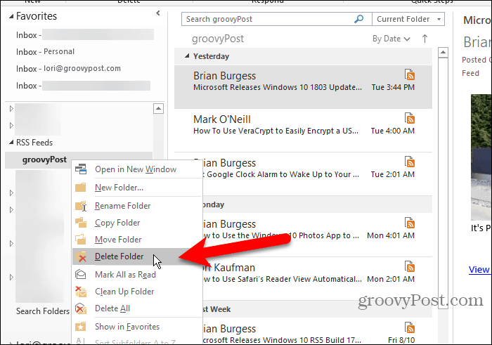 Excluir uma subpasta de feeds RSS no Outlook