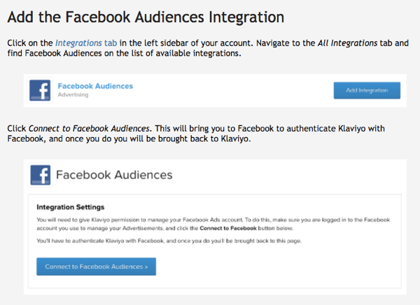 A integração de públicos do Facebook de Klaviyo é fácil de usar.