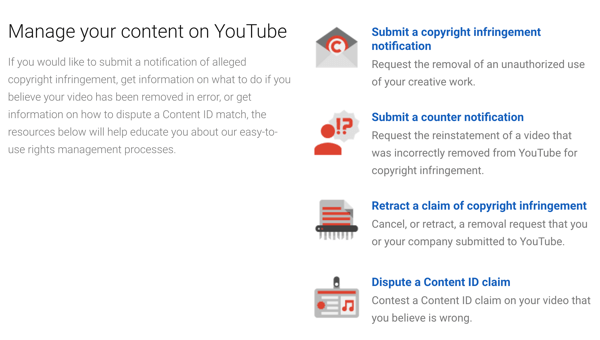 O YouTube possui procedimentos de remoção que você pode seguir se alguém violar seus direitos autorais.