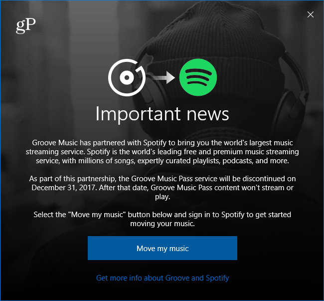 Microsoft Groove Music muda para mensagem do Spotify