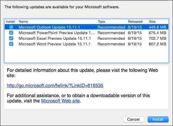 Atualização do Microsoft Office 2016 para Mac Preview KB3074179