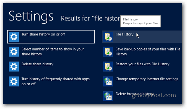 Pesquisa de configurações do histórico de arquivos do Windows 8
