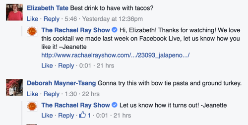 o rachel ray mostra exemplo de respostas de comentários do Facebook