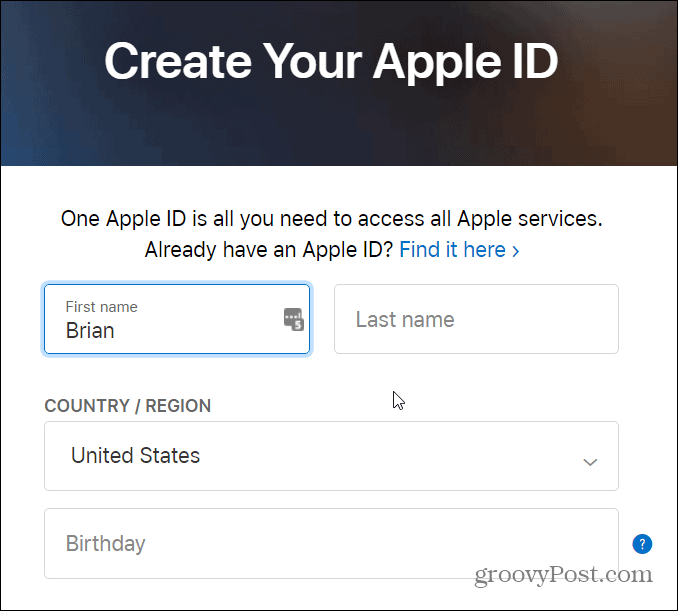 formulário para criar o ID da maçã
