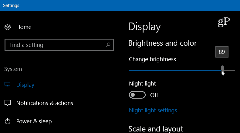 Brilho da tela de configurações do Windows 10