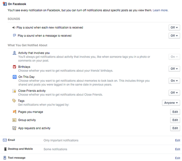 definir configurações gerais de notificação para perfis do Facebook