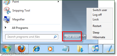 o botão liga / desliga do menu iniciar do Windows 7 com propriedades padrão como desligado