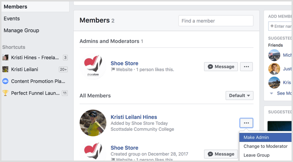 Facebook adiciona perfil ao grupo como administrador