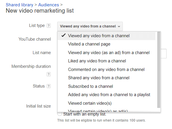 Você pode dividir suas listas de visualizadores do YouTube para remarketing.
