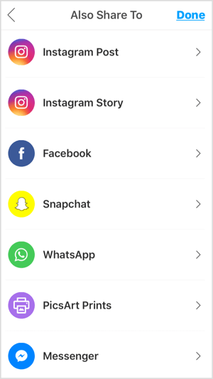 Aplicativos móveis como o PicsArt permitem que você compartilhe sua foto no Instagram, Facebook e outras plataformas.