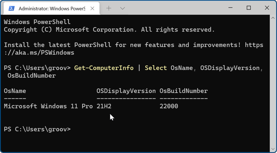 Comando do PowerShell Versão do Windows 11