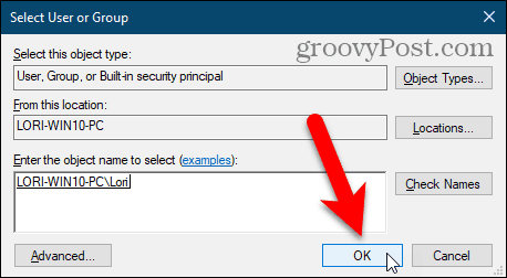 Feche a caixa de diálogo Selecionar usuário ou grupo no registro do Windows