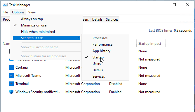 Alterar a página de inicialização do Gerenciador de Tarefas no Windows 11