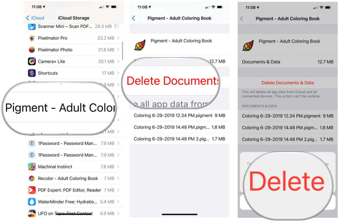 Armazenamento do iCloud para excluir arquivos de aplicativos