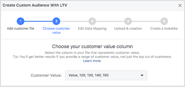 Escolha a coluna de valor do cliente na caixa de diálogo Criar público do cliente com LTV.