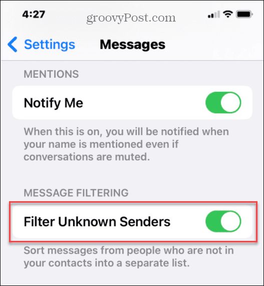ocultar mensagens de spam de remetentes desconhecidos no iPhone