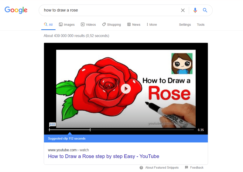 exemplo do melhor vídeo do YouTube nos resultados de pesquisa do Google para 'como desenhar uma rosa'