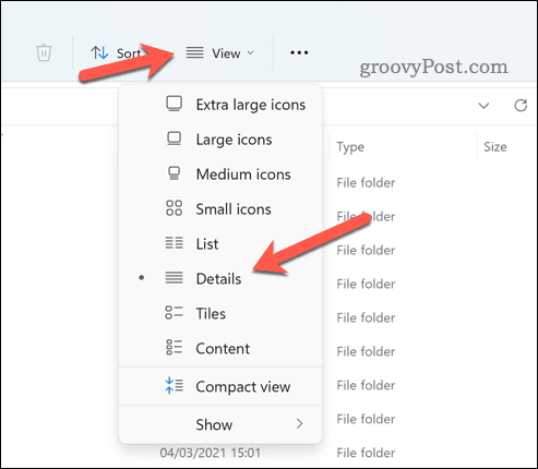 Modo de exibição do Windows File Explorer