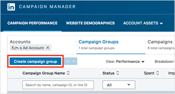 Na guia Grupos de campanhas do LinkedIn Campaign Manager, clique no botão Criar grupo de campanhas.