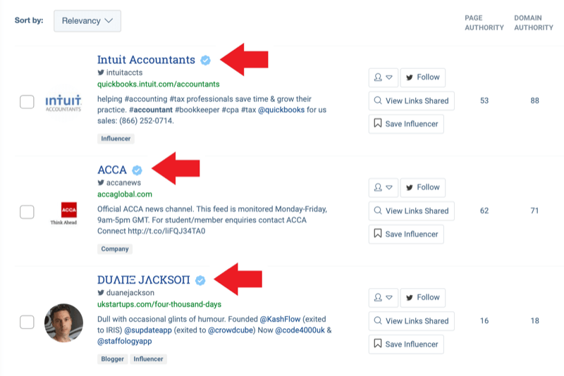 Estratégia de marketing de mídia social; Captura de tela dos resultados de pesquisa da ferramenta de identificação de influenciador do BuzzSumo após inserir a palavra-chave 'contabilidade'.