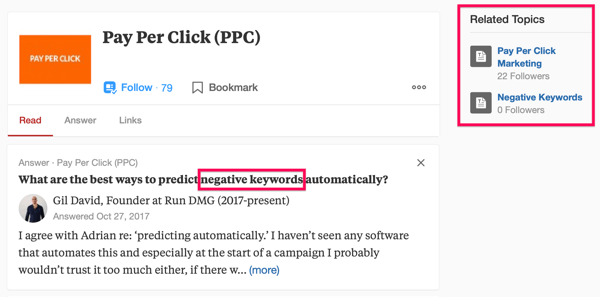 Exemplo de resultado de pesquisa do Quora incluindo o termo de pesquisa 'PPC' e a frase 'palavras-chave negativas'.