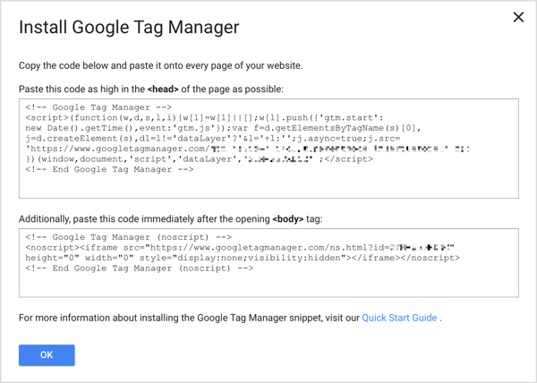 Adicione os dois snippets de código do Gerenciador de tags do Google a todas as páginas do seu site para concluir o processo de configuração.