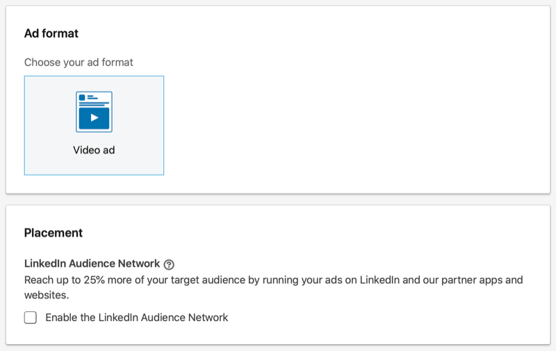 formato de campanha de anúncios do LinkedIn e opções de posicionamento
