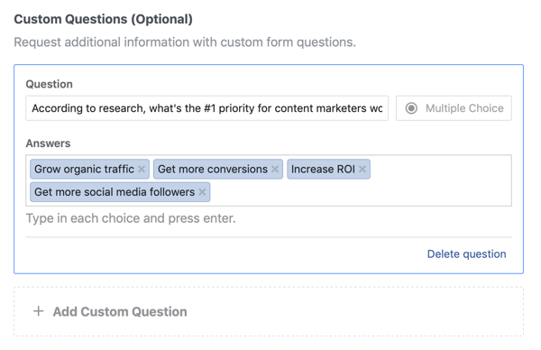 Exemplo de perguntas e opções de resposta para uma pergunta para uma campanha publicitária do Facebook.