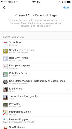 perfil de negócios do instagram conectar à página do Facebook