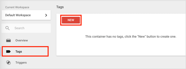Para criar uma nova tag no Gerenciador de tags do Google, clique na opção Tags na barra lateral esquerda e clique no botão Novo.
