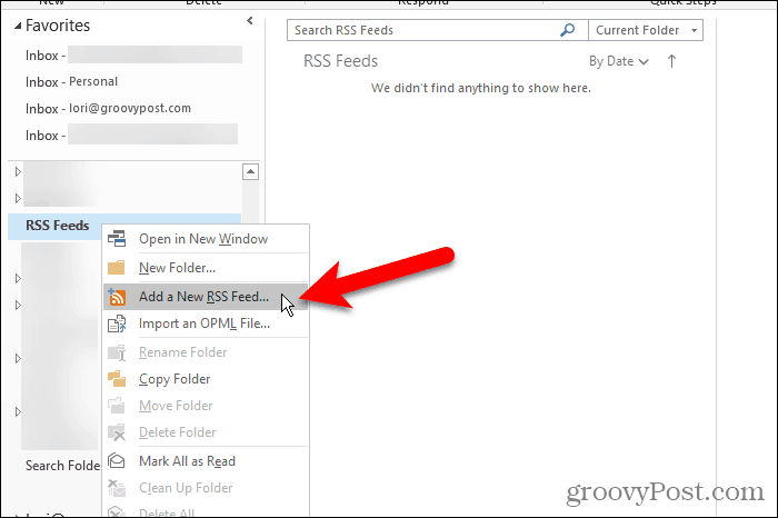 Adicionar uma nova opção de feed RSS no Outlook
