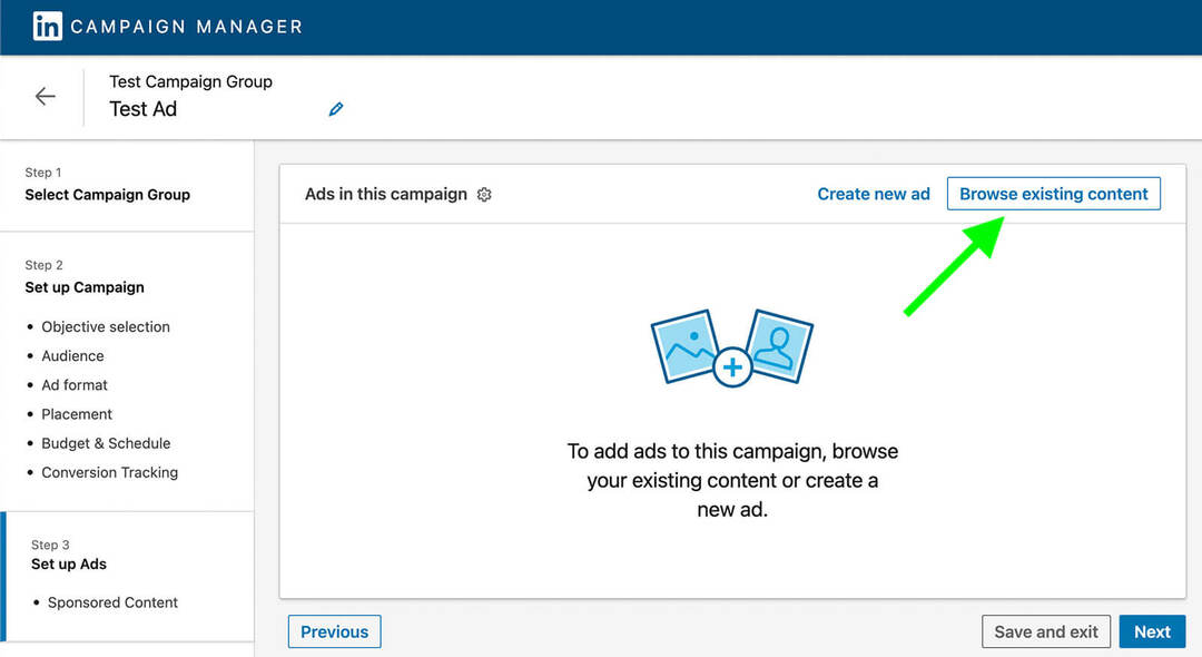 publicidade-campanhas-como-usar-prova-social-in-linkedin-ads-browse-existing-content-campaign-manager-example-12