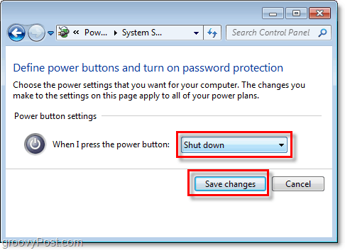 ajuste o que o botão de desligamento do Windows 7 fará, clique em salvar alterações para concluir