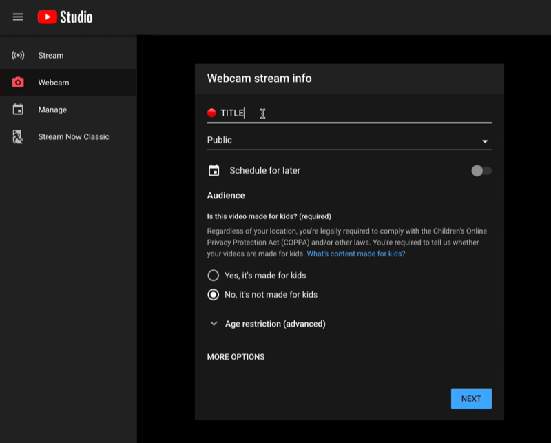 youtube studio go live menu painel de streaming ao vivo com os detalhes de informações de transmissão da webcam prontos para serem configurados