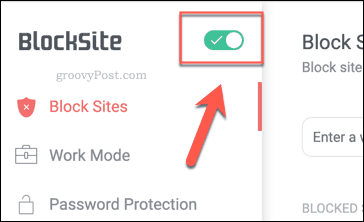 O botão de habilitação do BlockSite no Chrome