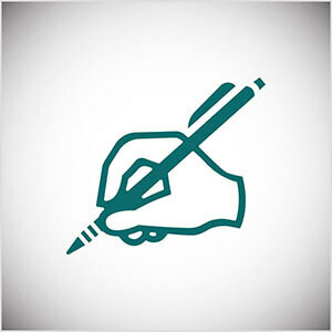 Esta é uma ilustração em linha verde-azulada de uma mão escrevendo com um lápis. Seth Godin pratica escrever diariamente em seu blog.